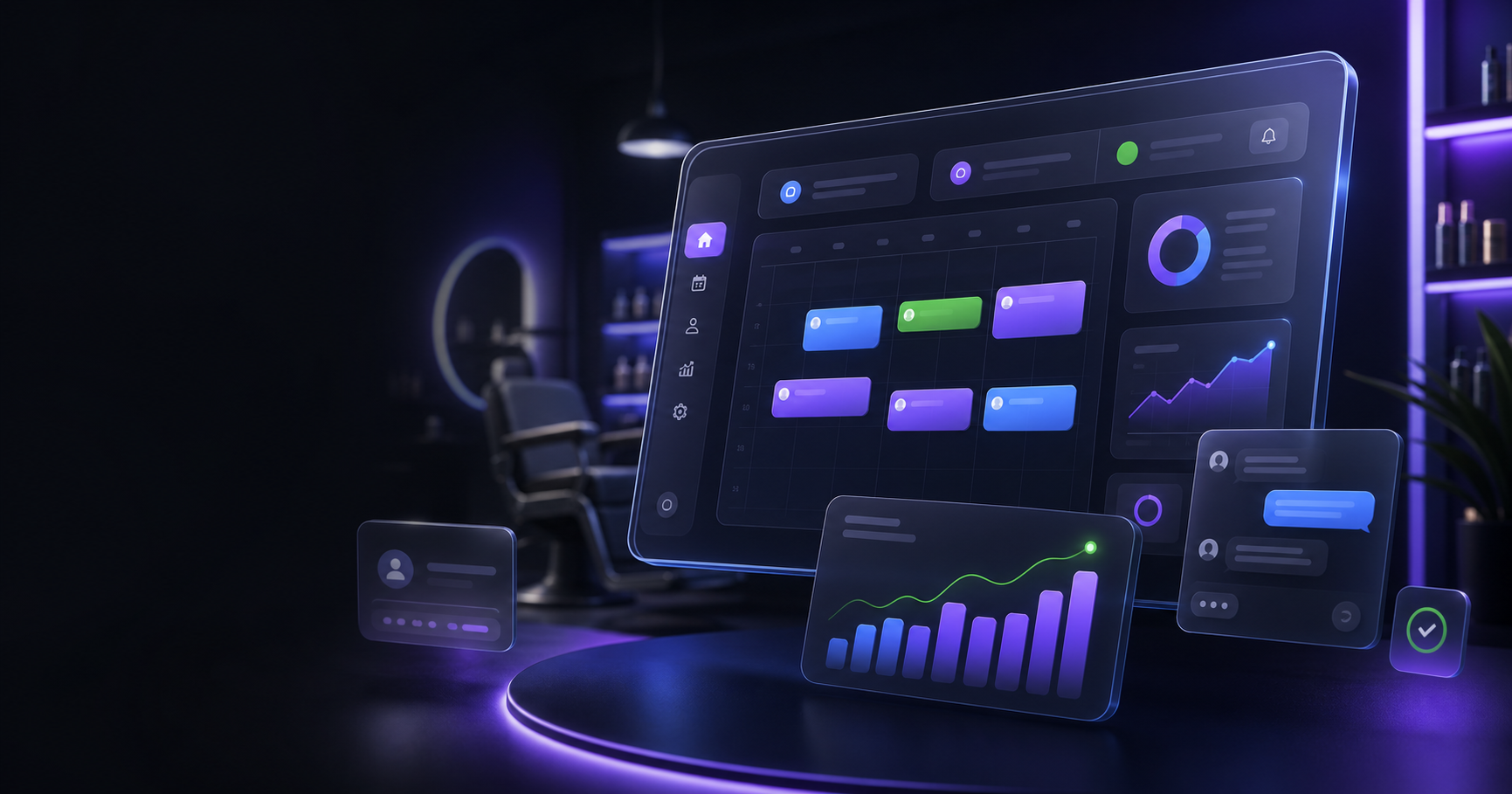 Dashboard SaaS premium de agendamento inteligente com calendário, mensagens e gráfico de receita